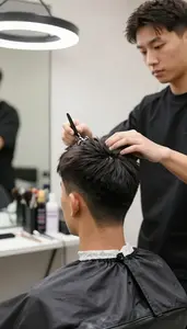 Cosmetologist Giving A Classic Barber In A Cosmetology Salon Station In