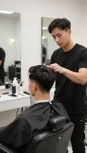 Cosmetologist Giving A Classic Barber In A Cosmetology Salon Station At Work