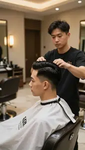 Cosmetologist Giving A Classic Barber In A Barber Shop Styling Chair At Work