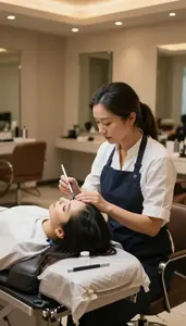 Cosmetologist Providing A Cosmetology Service In A Cosmetology Salon Station