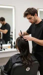 Cosmetologist Styling And Cutting Hair In A Barber Shop Styling Chair At