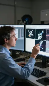 Cosmologist Analyzing Telescope Images On In An Astronomical Observatory In