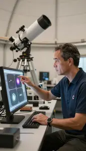 Cosmologist Analyzing Telescope Images On In A Planetary Science Research Lab