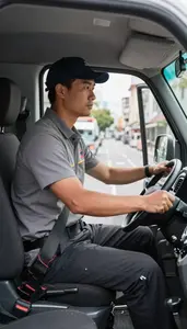 Courier Driving A Delivery Van On City Streets On A Motorcycle At Professional