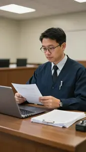 Court Clerk Filing Court Documents At In A Bailiff Station In A Courtroom In