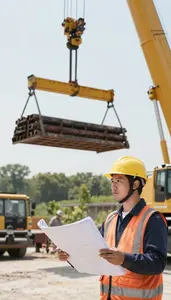 Crane Operator Operating A Crane To At A Heavy Equipment Operating Site In