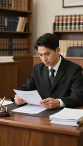 Criminal Lawyer Reviewing Legal Documents At In A Courtroom Gallery During A