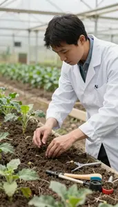 Crop Scientist Collecting Soil Samples In In A Crop Research Plot In