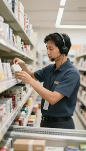 Customer Service Representative Stocking Shelves In A In A Store Window Display