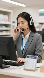 Customer Service Representative Assisting Callers In A At A Retail Checkout