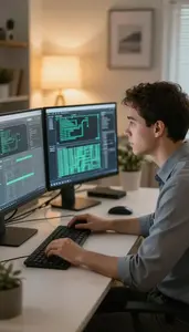 Cybersecurity Analyst Monitoring Network Traffic On In A Home Office Desk Setup