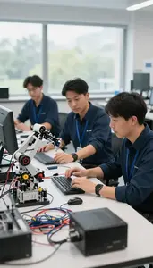 Cybersecurity Analyst Collaborating With Team Members In A Robotics Research
