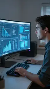 Cybersecurity Analyst Analyzing Data Visualizations On In A Remote Work Home