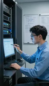 Database Administrator Conducting A Security Penetration In A Data Center Server