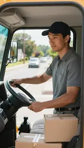 Delivery Driver Delivering Packages On A At A School Bus Stop At Professional