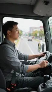 Delivery Driver Driving A Taxi Through Inside A Bus Driver Cabin At Work