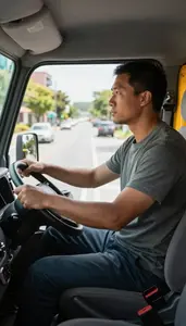 Delivery Driver Driving A Taxi Through On A Residential Delivery Route At