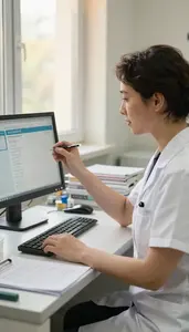 Dental Hygienist Reviewing Blood Test Results In A Veterinary Clinic Examination