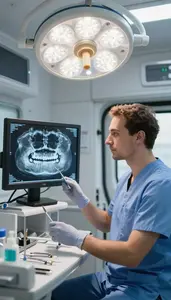 Dental Hygienist Reviewing A Ct Scan In A Mobile Health Clinic Van At