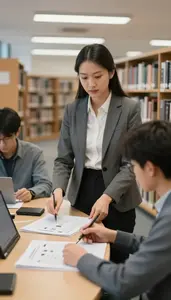 Department Chair Reviewing Student Applications At In A School Library Reading