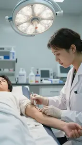 Dermatologist Drawing Blood From A In A Sleep Study Laboratory At Workplace