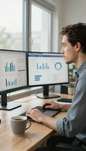 Devops Engineer Reviewing Analytics Dashboards On In A Remote Work Home Office
