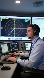 911 Dispatcher Controlling Air Traffic On In An Air Traffic Control Tower In