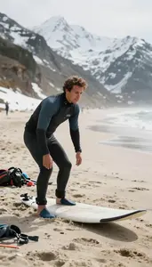 Diving Instructor Instructing Surfing On A On A Snowy Mountain Slope In