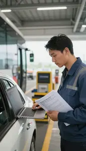 Dock Worker Conducting A Vehicle Inspection At A Bus Terminal Luggage Area At