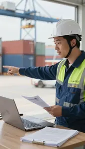 Dock Worker Directing Cargo Operations At In An Import Export Logistics Office