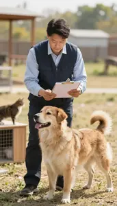 Dog Breeder Caring For Dogs In In A Cat Cattery Breeding Room In Professional