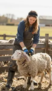 Dog Breeder Shearing Sheep On A In A Rabbit Breeding Farm Hutch Area At
