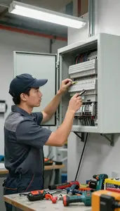 Electrician Repairing An Electrical Panel In A Workshop Garage At Workplace