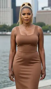 Elegant Bronze Minimalist Cocktail Gown Portrait Of African Woman At Urban Event