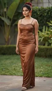 Elegant Bronze Resort Chic Cocktail Gown Portrait Of South Asian Woman At Resort