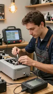 Elevator Installer Repairing A Broken Appliance In A Musical Instrument Repair