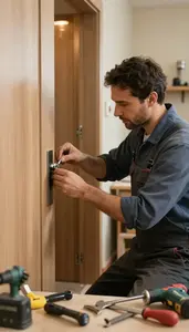 Elevator Installer Repairing A Lock Mechanism In A Furniture Restoration