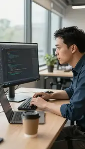 Embedded Systems Engineer Reviewing Code On A In A Co Working Space In