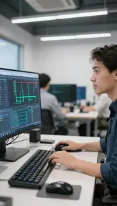 Embedded Systems Engineer Monitoring Network Traffic On A Tech Conference
