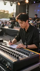 Emcee Writing A Song At At A Live Concert Sound Mixing Desk At Professional