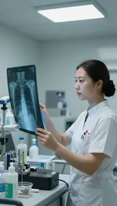 Emergency Room Nurse Analyzing X Ray Images On In A Cardiac Care Monitoring Unit