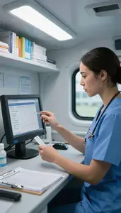 Emergency Room Nurse Reviewing Blood Test Results In A Mobile Health Clinic Van