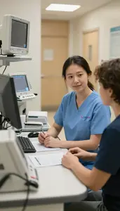 Emergency Room Nurse Taking A Patient Medical In A Optometry Examination Room