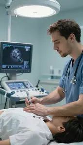 Emt Performing An Ultrasound Scan In A Hospital Examination Room At Professional