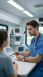 Emt Taking A Patient Medical In A Mobile Health Clinic Van At Workplace