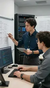 Engineering Manager Conducting A Code Review In A Tech Company Break Room In