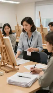 English Teacher Facilitating Group Discussions In In An Art Classroom With