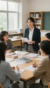 English Teacher Facilitating Group Discussions In In A University Lecture Hall