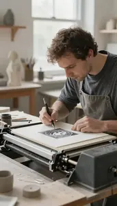Engraver Printing An Etching On In A Sculpture Clay Studio In Professional