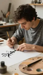 Engraver Teaching Calligraphy Techniques To In A Printmaking Studio At